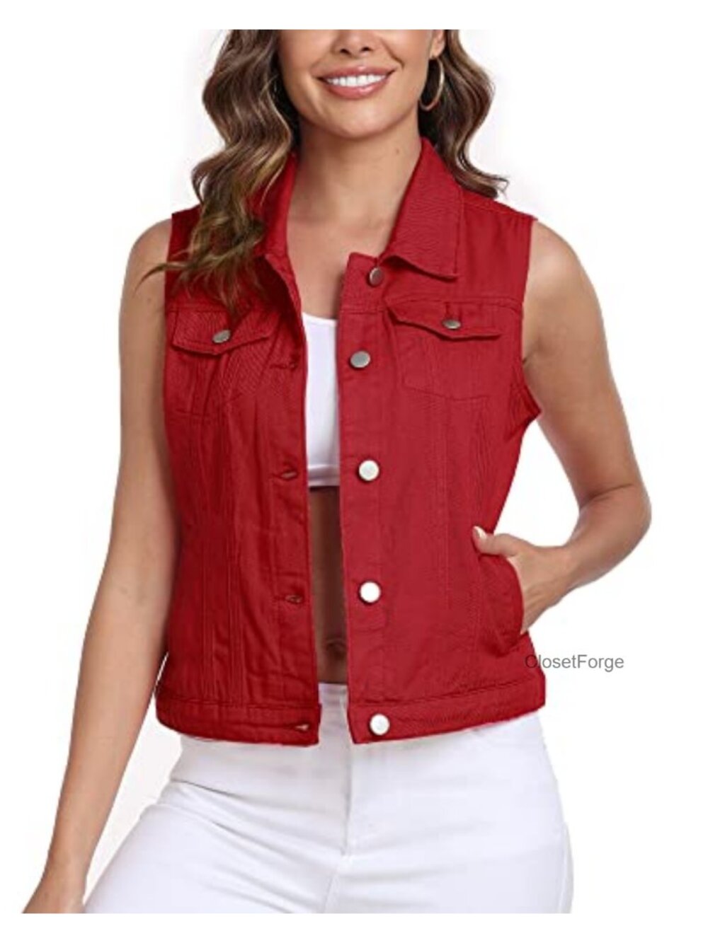 Sleeveless Denim Vest, Cropped Jean Jacket with Pockets